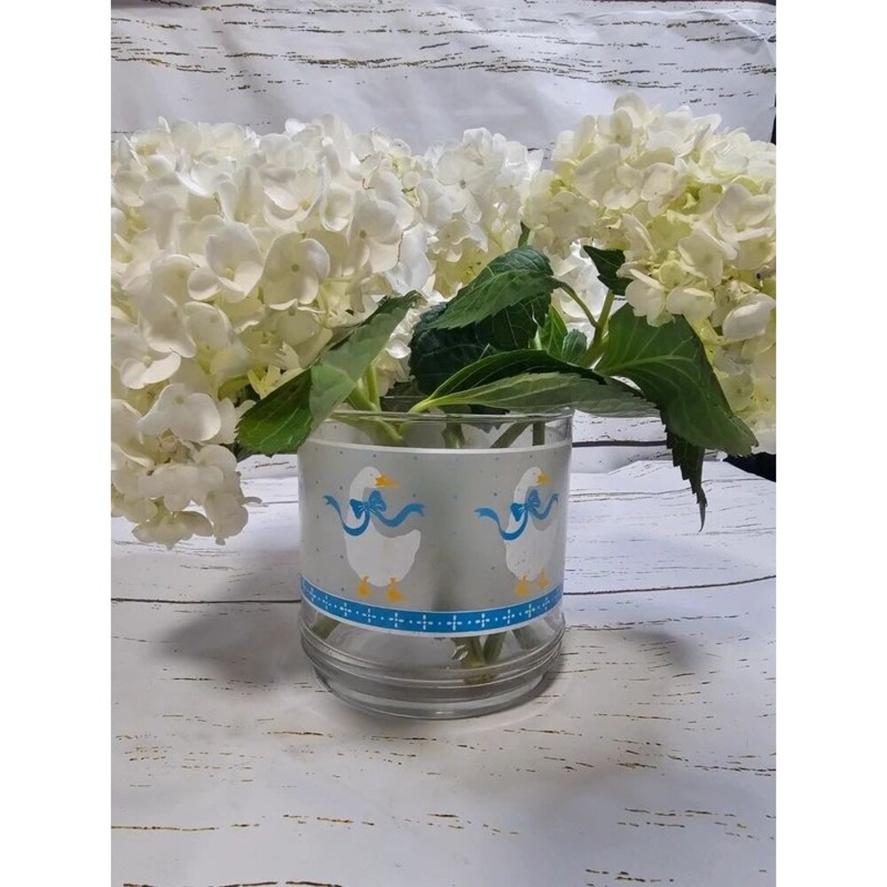 Vintage Country Goose Glass Utensil Crock / Vase Blue Bow Kitchen Decor